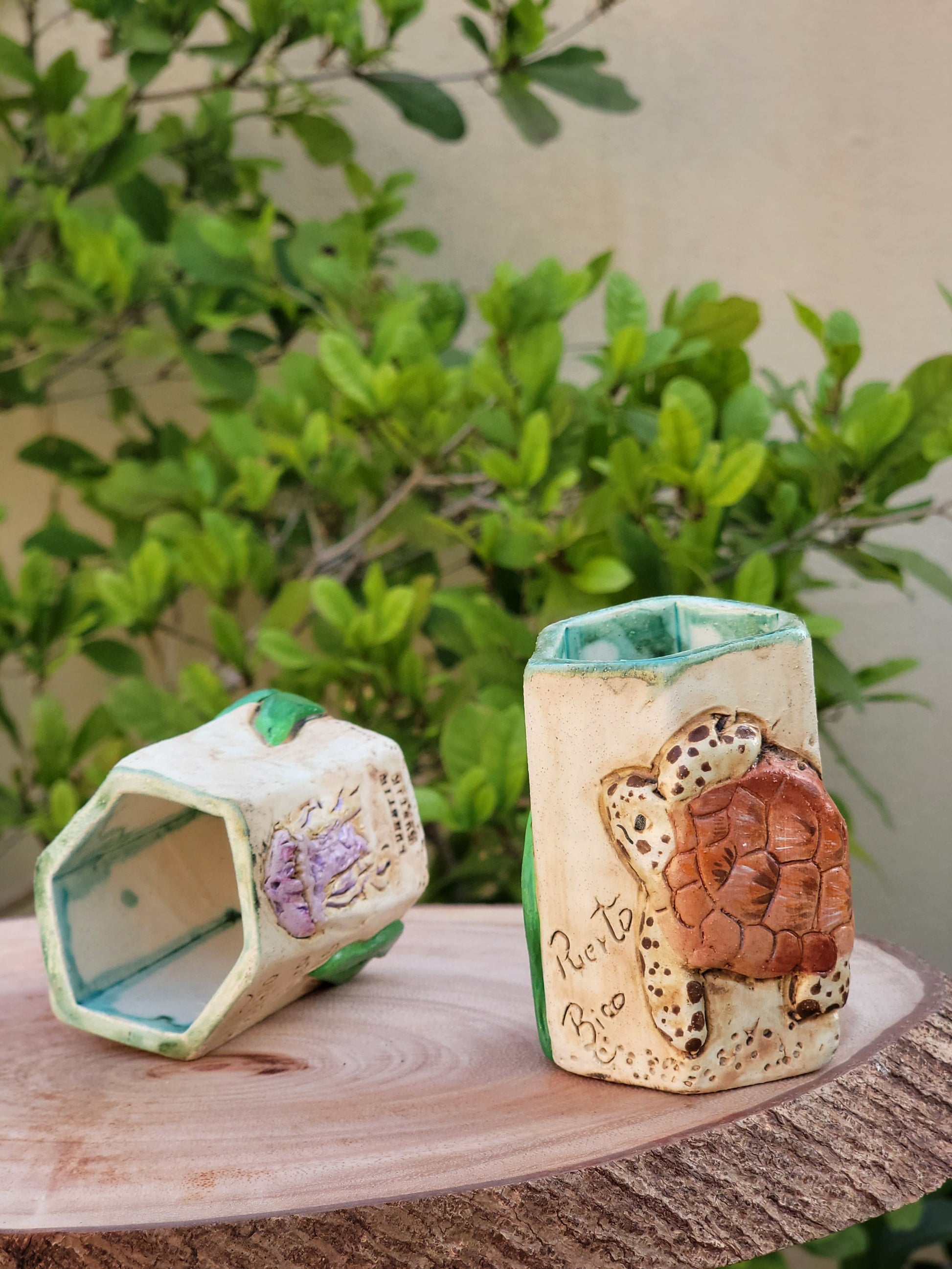 Two decorative turtle figurines on a wooden surface with green foliage in the background