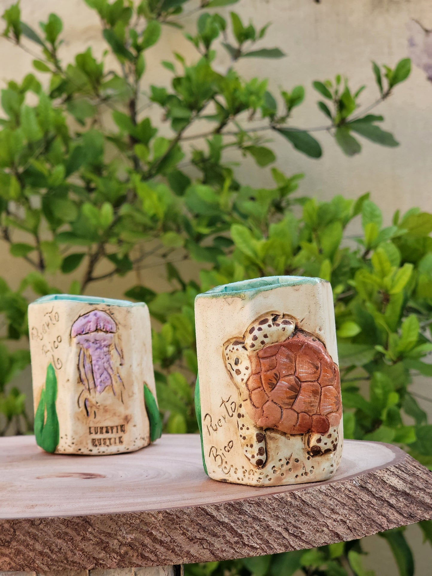 Decorative turtle figurines on a wooden surface with greenery in the background