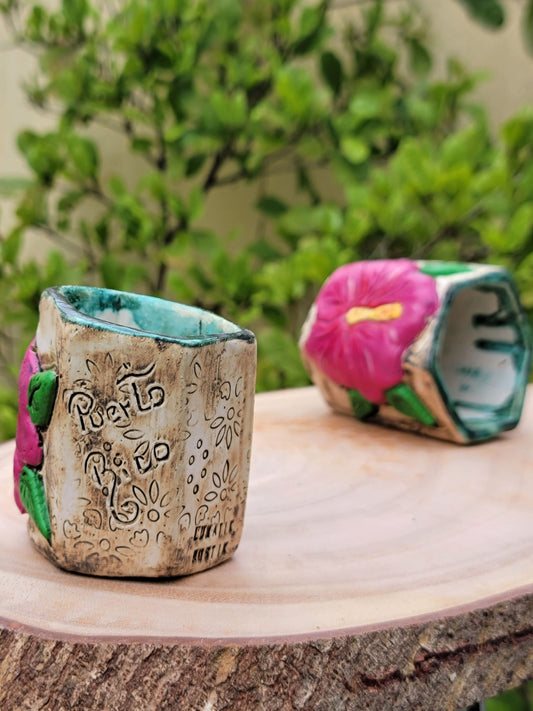 Decorative ceramic pots with floral designs on a wooden surface with greenery in the background