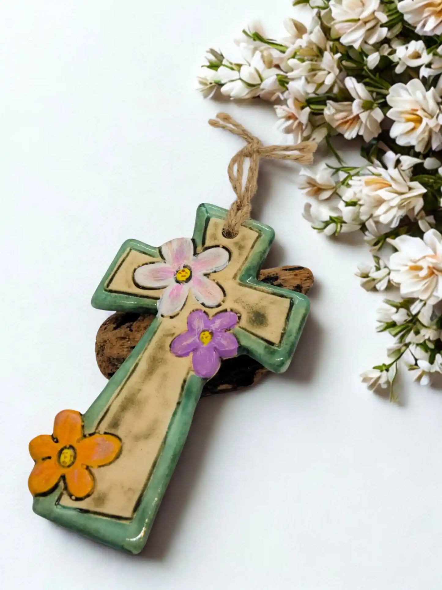Small Ceramic Cross with Flowers