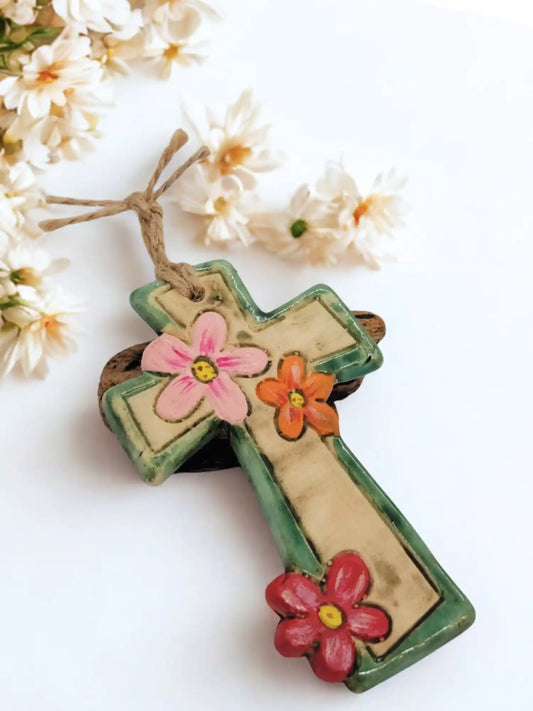 Small Ceramic Cross with Flowers