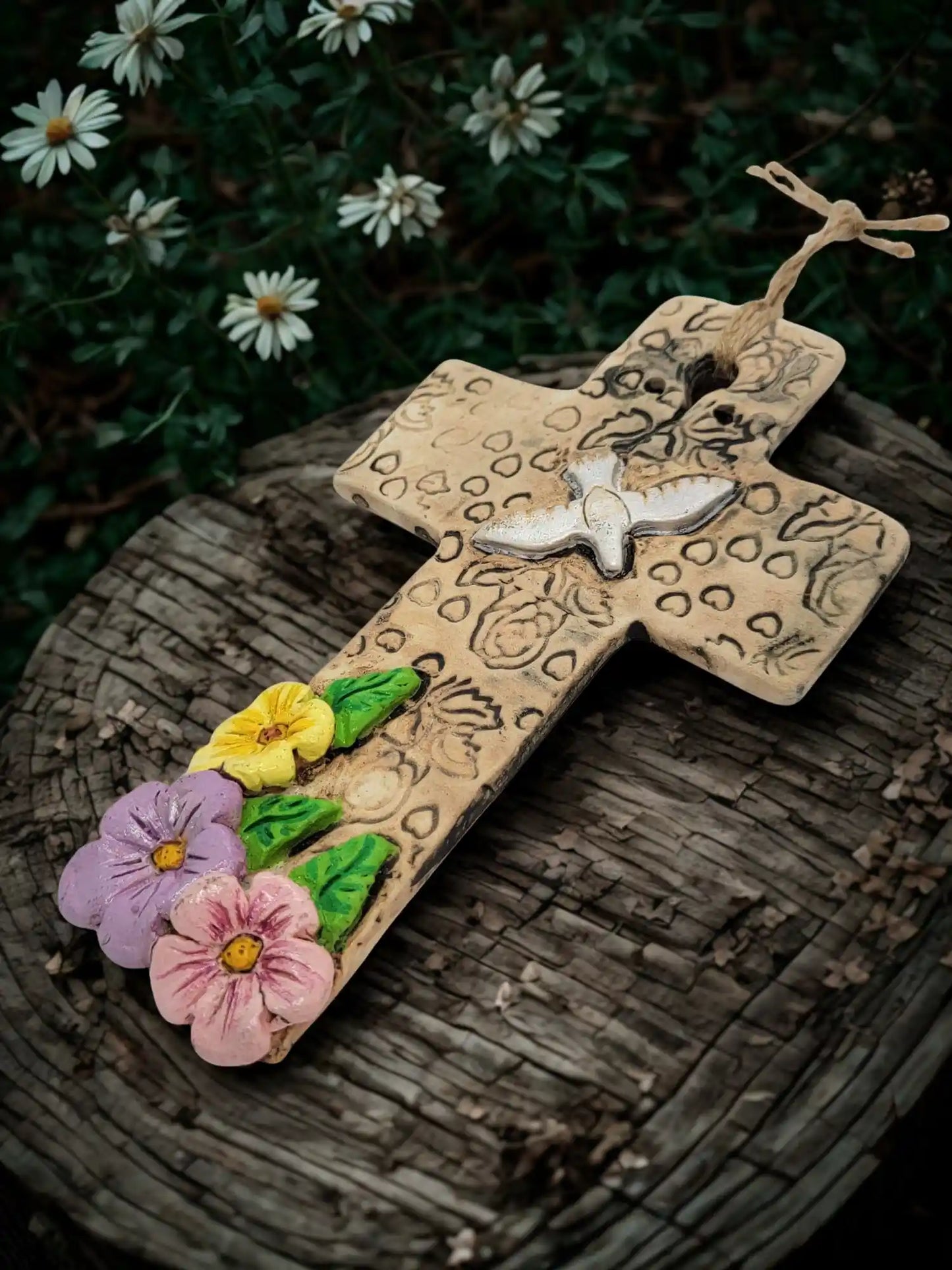 Textured Rustic Cross with flowers