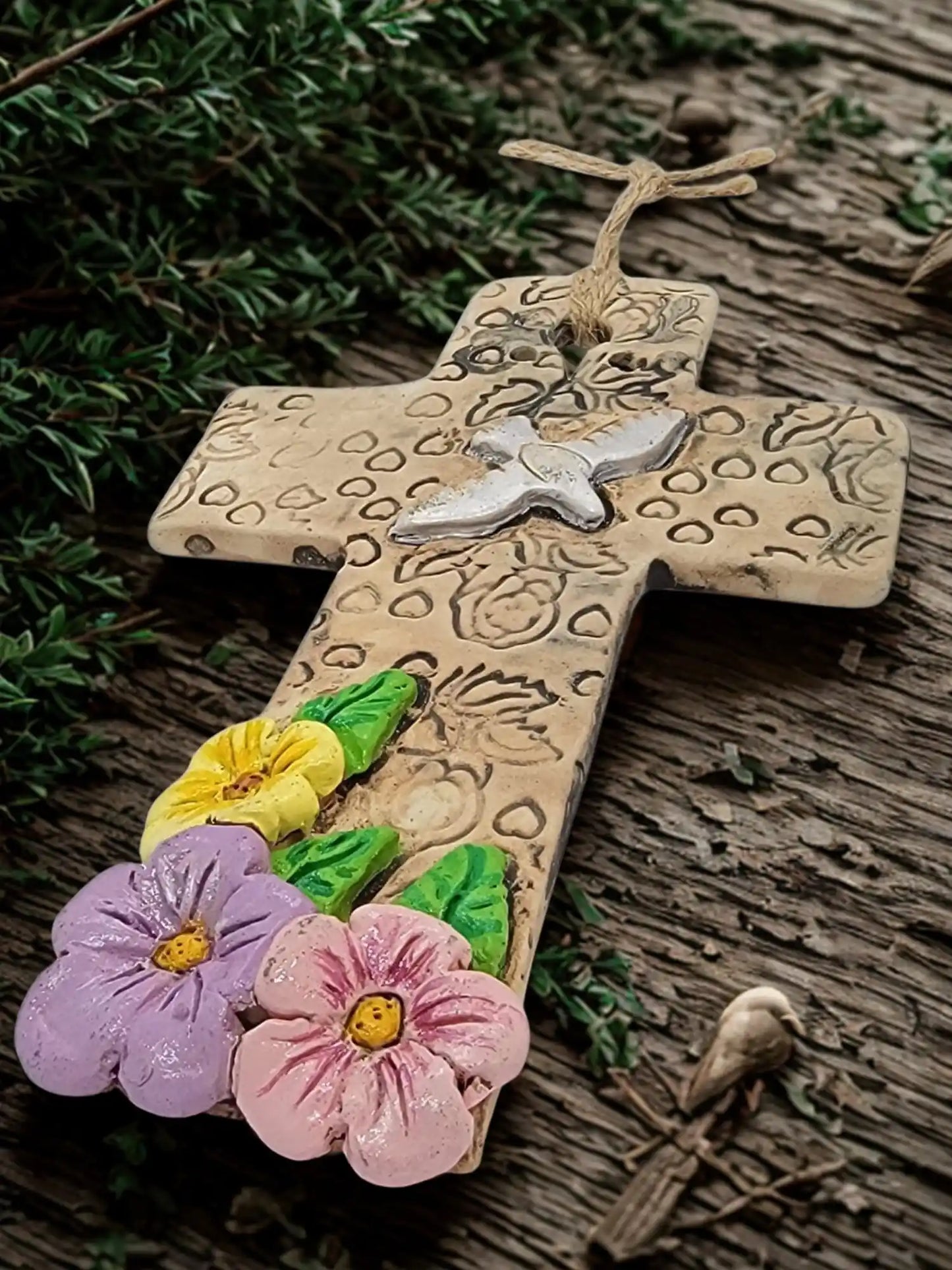 Textured Rustic Cross with flowers