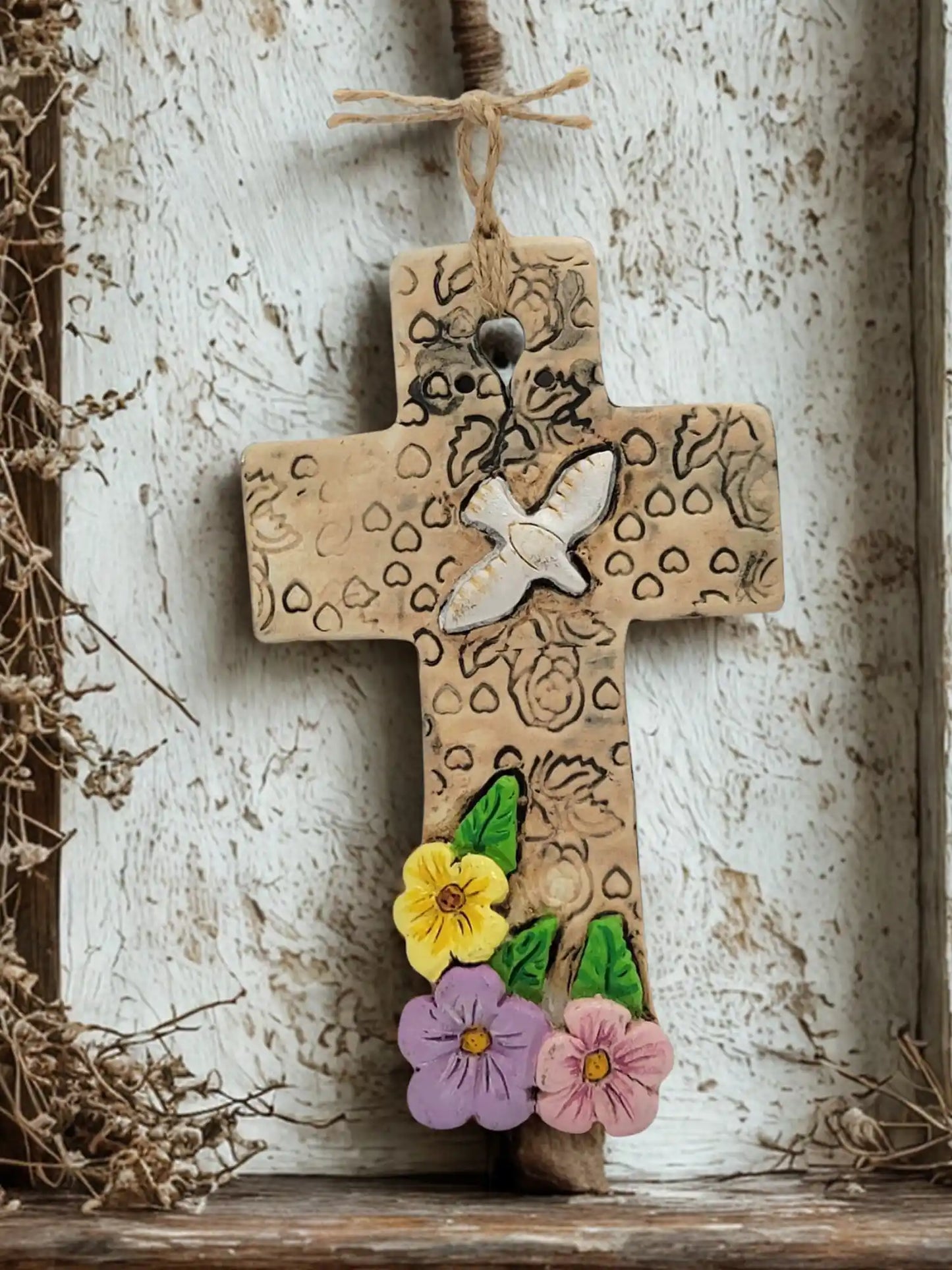 Textured Rustic Cross with flowers